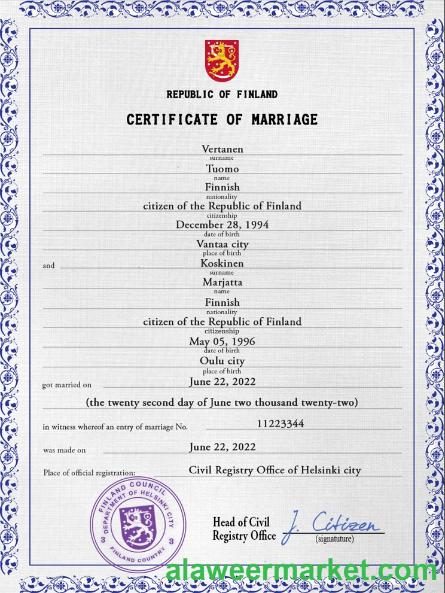 Finland marriage certificate PSD template